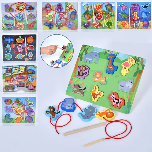 Деревянная игрушка Рамка-вкладыш 3в1 (шнуровка, рыбалка-магнитная), 1 удочка, 22.5x18x1 см (в ассортименте) - фото 2