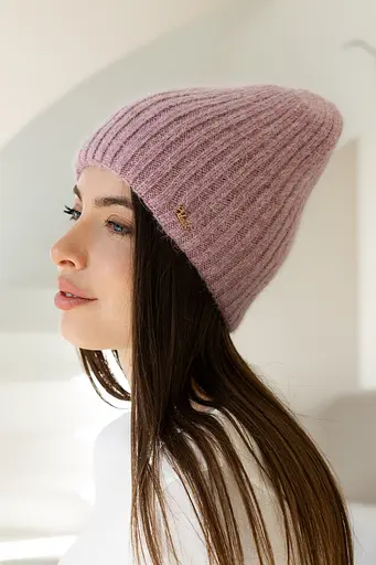 Женская зимняя шапка Ангора Молодежь из ангоры 80% с двойной вязкой Пудровый - фото 2