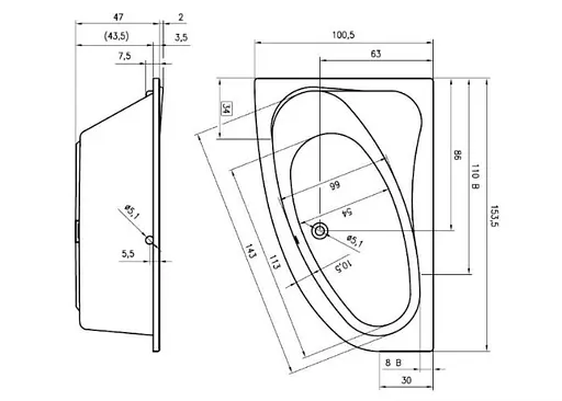 Ванна акриловая Rho Lyra 153x100 правая BA6700500000000 - фото 3
