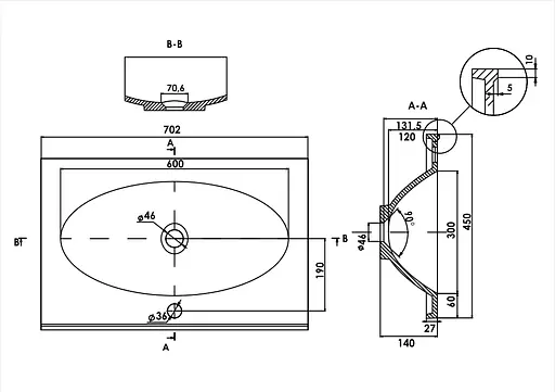 Раковина глянцева врізна Amidicon Venera 70 700x450 з литого каменю VENERA_70_HL, Білий - фото 6