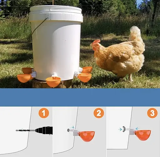 Поилка для поения кур автоматическая, чашки кормления, пластиковые, оранжевого цвета, 4 шт в наборе - фото 5