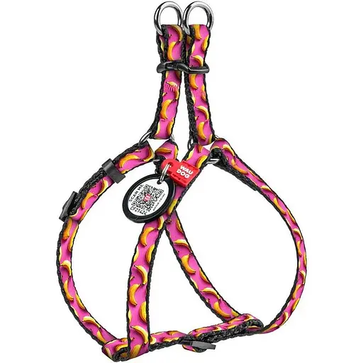 Шлея для котів та дрібних порід собак Waudog Nylon з QR паспортом, малюнок "Банани на рожевому", пластиковий фастекс, XS