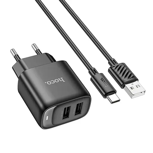 Мережевий зарядний пристрій з кабелем Hoco C141A Smart dual-port charger set(Type-C) чорний - фото 3