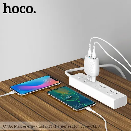Адаптер сетевой HOCO Type-C Cable Max energy C78A 2 выхода белый - фото 6