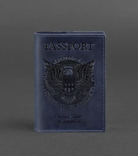 Кожаная обложка для паспорта с американским гербом синяя - фото 1