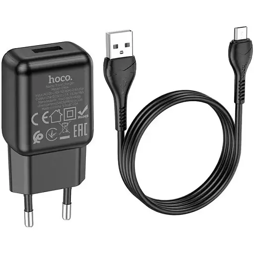 Набір зарядний Адаптер живлення мережевий Hoco C96A + кабель Micro USB set чорний - фото 1