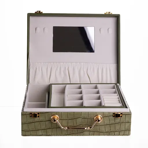 Скринька для прикрас з екошкіри 19 відділень із дзеркалом 23.5×14×8 см органайзер для прикрас Зелений Yiwu HP-5-20GR - фото 1