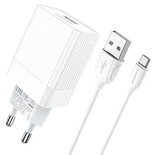 Сетевое зарядное устройство с кабелем Borofone BA47A Mighty speed single port QC3. 0 3A + Micro-USB cable 18W белый - фото 1