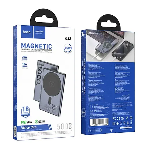 Магнитный павербанк с беспроводным зарядным Hoco Q32 Bird PD20W wireless magnetic 5000mAh серый - фото 4