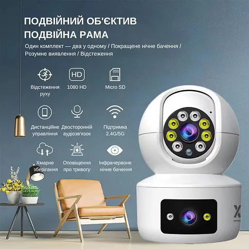 IP-камера поворотная с двойным объективом XON SmartCam Wi-Fi 1080P (UTWEW22VW 7393) Белая - фото 3