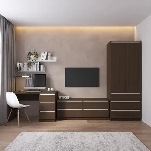 Комплект мебели в гостиную VAYS шкаф R-9, тумба R-6, стол R-1, полки М-22, венге темный-белые планки.