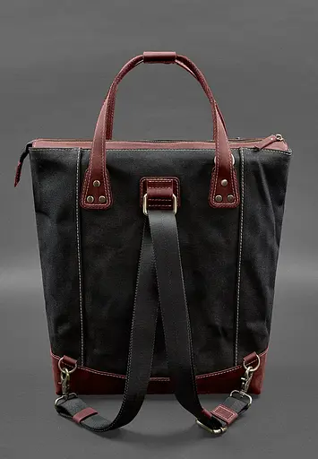 Сумка-рюкзак з канвасу та натуральної бордової шкіри - фото 4