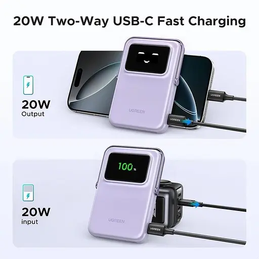 Беспроводной магнитный павербанк Ugreen PB572 10000 mAh 20 W со сложной подставкой и TFT фиолетовым дисплеем - фото 5