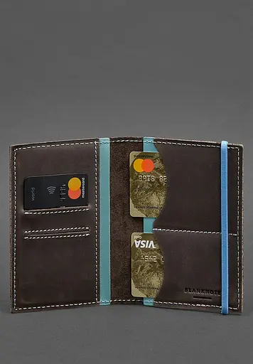 Кожаная обложка для паспорта 2.0 темно-коричневая с бирюзовым. - фото 5