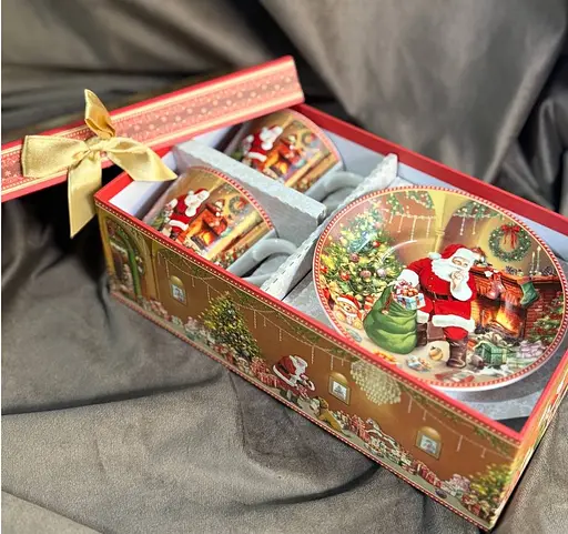 Чайний набір із блюдцями Новорічні подарунки кераміка в подарунковій коробці 120 мл Червоний 2 чашки - фото 5