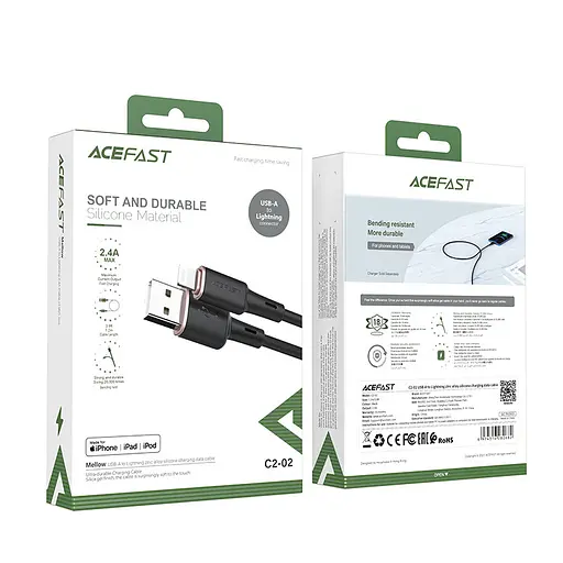 Кабель ACEFAST C2-02 USB to iP 2.4A, 1.2m, silicone, zinc connectors, Black - фото 2