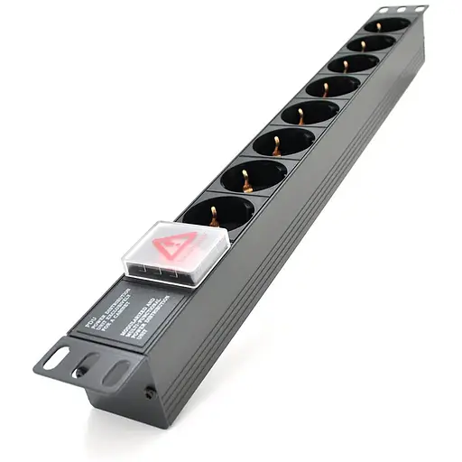 Подовжувач PiPo на 8 розеток з вимикачем, 220В, німецький тип, 1U 19", алюмінієвий корпус, чорний, (без кабелю живлення) Q25