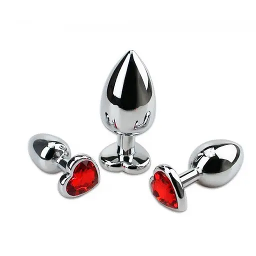 Набір анальних пробок металевих з кристалом 72x28 мм / 83x34 мм / 90x42 мм (S/M/L) сріблястий-червоний - фото 2