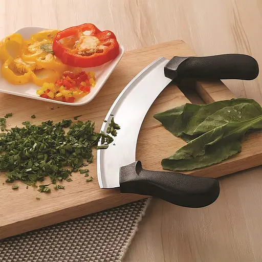 Нож Меццалуна для нарезки сыра, зелени, чеснока, пиццы, мяса с двумя пластиковыми ручками (длина лезвия 25 см), Kitchen Master Черный 86381 - фото 3