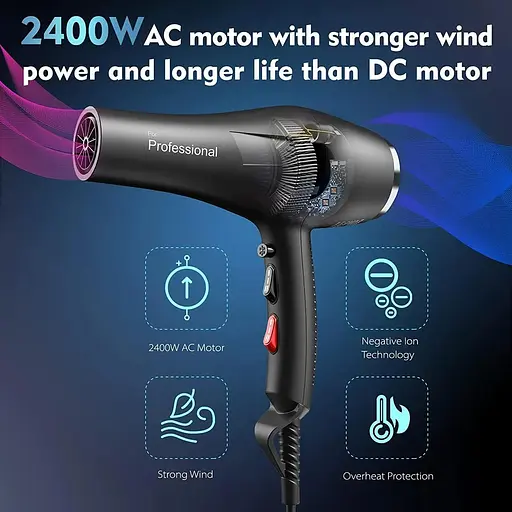 Чорний професійний фен HappyGoo двигун змінного струму 2400 Вт - фото 3