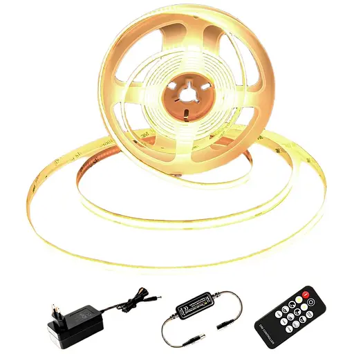 Світлодіодна стрічка COB 5 м, світлодіодна стрічка теплого білого кольору 3000 K, 24 В з димуванням, CRI92, ширина 8 мм, з пультом