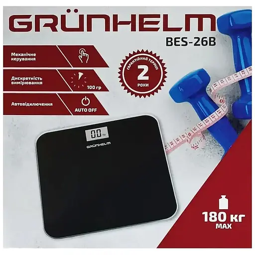 Ваги електронні Grunhelm BES-26B квадрат максимальна вага 180 кг чорні (136089) - фото 3