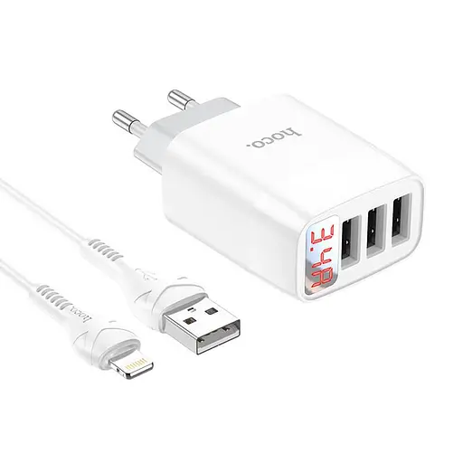 Блок зарядний набір Hoco Easy charge C93A Lightning cable 3USB білий - фото 3