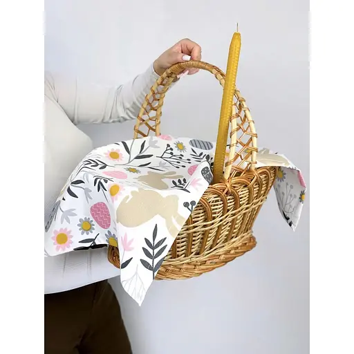 Комплект Великодній кошик Галичина коричнева зі лляним рушником 70х30 см Пасхальні зайчики сірий і свічка