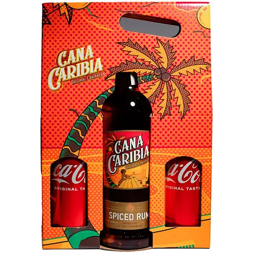 Уценка. Набор Ром Cana Caribia Spiced Gold Rum 35% 0.7 л + Напиток Coca-Cola 330 мл ж/б 2 шт.