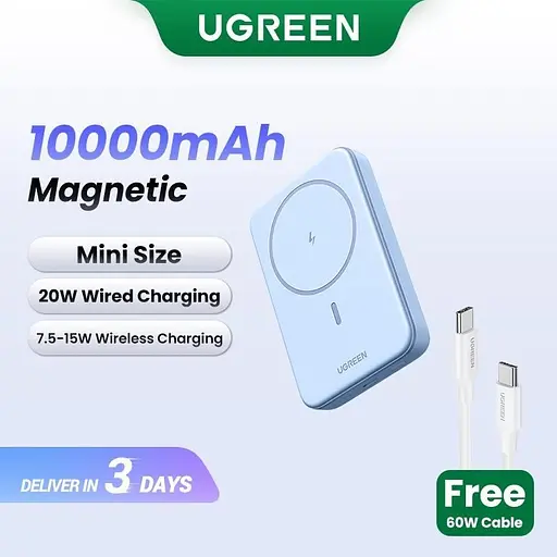 Магнитный Magsafe Павербанк Ugreen PB561 10000 mAh 20 W с беспроводной магнитной зарядкой для iPhone голубой - фото 3