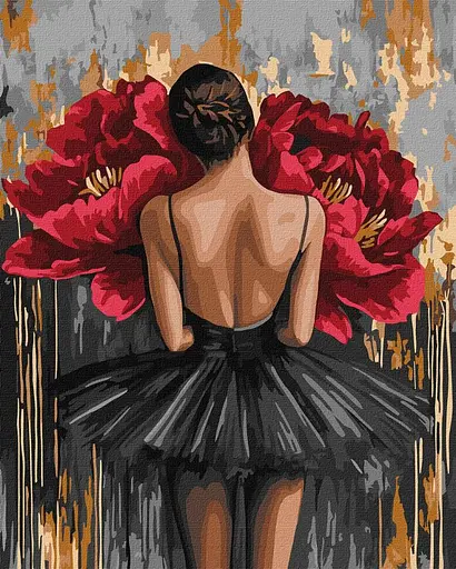 Набор для рисования по номерам "Балерина з червоними півоніями з фарбами металік" Ideyka 40х50см КНО8664