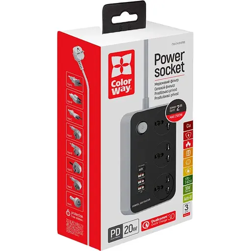 Мережевий подовжувач ColorWay 3 розетки + 4 USB QC3.0&PD Black (CW-CHU34PDB) - фото 5