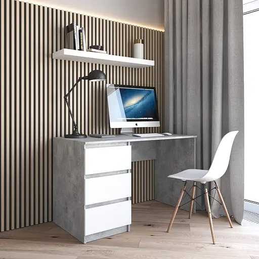 Комп’ютерний стіл Vays R-13 Бетон-Білий фасад, письмовий з тумбою зліва, 3 шухляди, без ручок, ЛДСП, 120×60×75 см - для дому та офісу