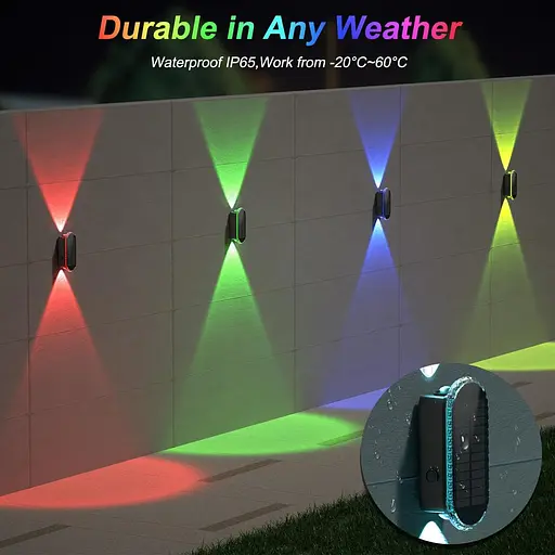 Ellasay Уличный светильник, 4 упаковки для забора, солнечные светильники, 8 цветовых режимов WRGB, вверх и вниз, водонепроницаемые - фото 2