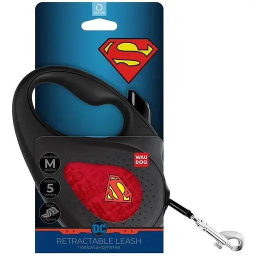 Повідець-рулетка для собак Waudog R-leash, малюнок "Супермен Лого червоний", M, до 25 кг, 5 м, світловідбиваюча стрічка чорний - фото 3