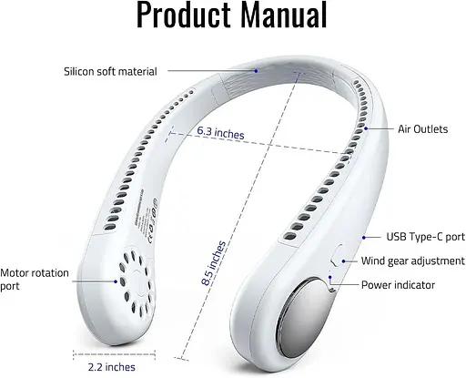 Портативный шейный вентилятор Type-C USB перезаряжается - фото 6