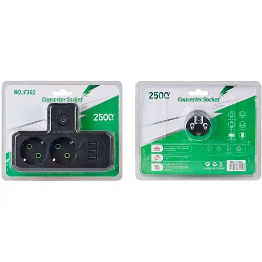 Розетка-двійник із заземленням Voltronic F-302 Black 2 розетки+3USB (1А) 2500W 10A 220V - фото 4
