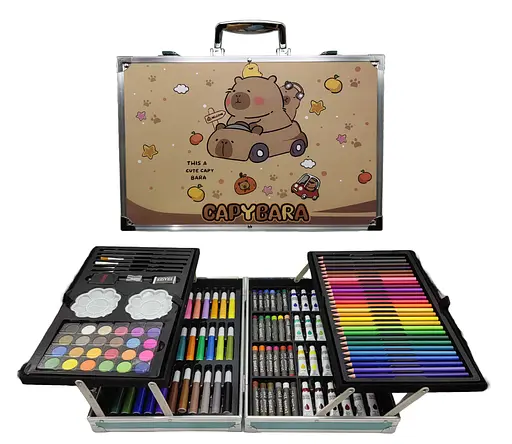 Набор для рисования Капибара на машине, 145 предметов, 4 отдела, в алюминиевом чемодане, 145-CB-2
