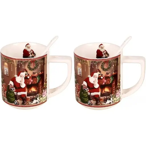 Чайний набір з ложками Новорічні подарунки кераміка у подарунковій коробці 280 мл Червоний 2 чашки - фото 1