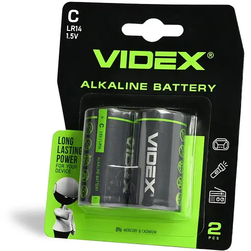Батарейка C (LR14), щелочная, Videx, 2 шт., 1.5V, Blister - фото 1