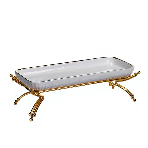 Фарфоровое сервировочное блюдо на металлической подставке 29.5×12×9 (см) блюдо для подачи закусок Белый с золотом Yiwu LB-1565G