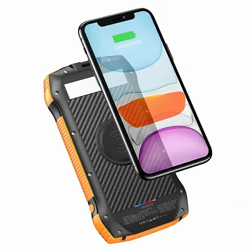 Универсальная зарядная батарея iBattery F33W 33500 mAh + солнечная панель + фонарик (Черно-оранжевый) - фото 2