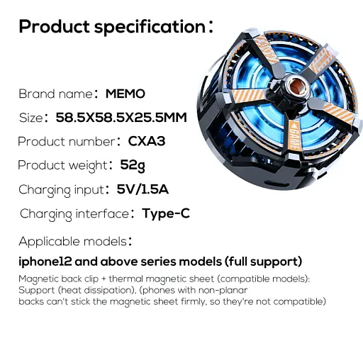 Магнітний кулер активне охолодження для телефону / планшета Memo CXA3 з безпровідний зарядкою Black (18525) - фото 3