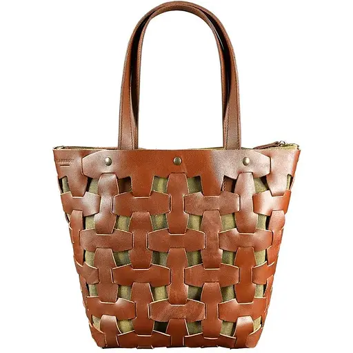 Шкіряна плетена жіноча сумка Пазл L світло-коричнева Krast - фото 1