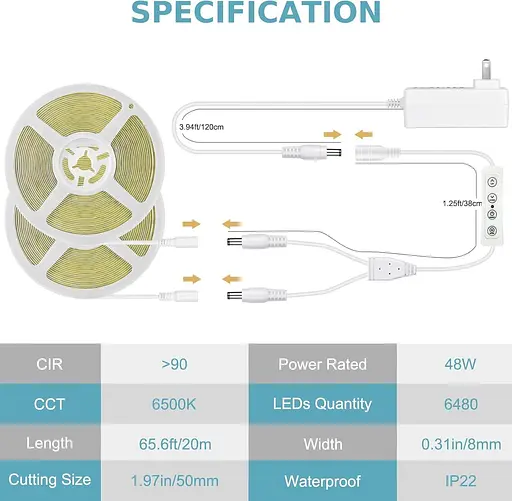 Світлодіодна стрічка COB з пультом 65,6 футів 6500K денне світло Біле - фото 3