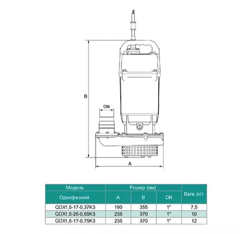 Дренажний насос SHIMGE QDX1.5-25-0.55K3, Hmax=25 м, Qmax=100 л/хв - фото 4