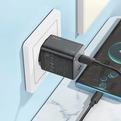 Адаптер сетевой Hoco Elogiado dual-port charger N42 (Type-C to Type-C Set) |2Type-C, 45W/3A, PD/QC| - фото 2