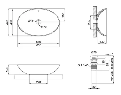 Комплект Qtap Dove: Раковина накладная овальная 635x420x150 мм White + Донный клапан PU02O (QT06113077WN47309) - фото 6