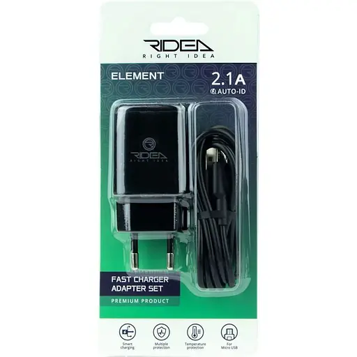 Мережевий зарядний пристрій Ridea RW-11111 Element Auto-ID USB - microUSB 2.1 A Black - фото 2