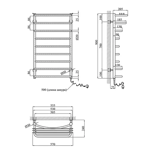 Рушникосушарка електрична Kroner Канна ДК03ER 900x500/9 ER CV023849, Хром, Праве - фото 2
